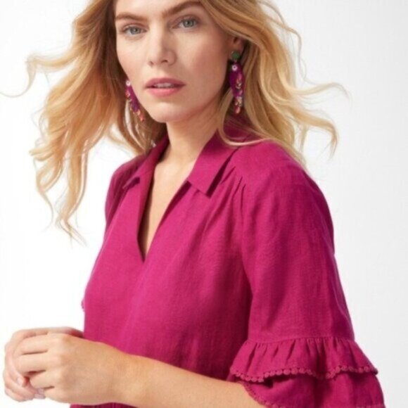 [New] Chico's (1=US 8) Magenta Linen Oversized V-neck Peasant Tiered Midi Dress - Picture 4 of 14